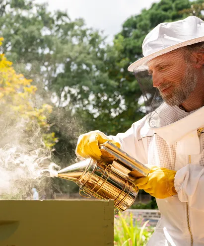Man in a beekeeper suit